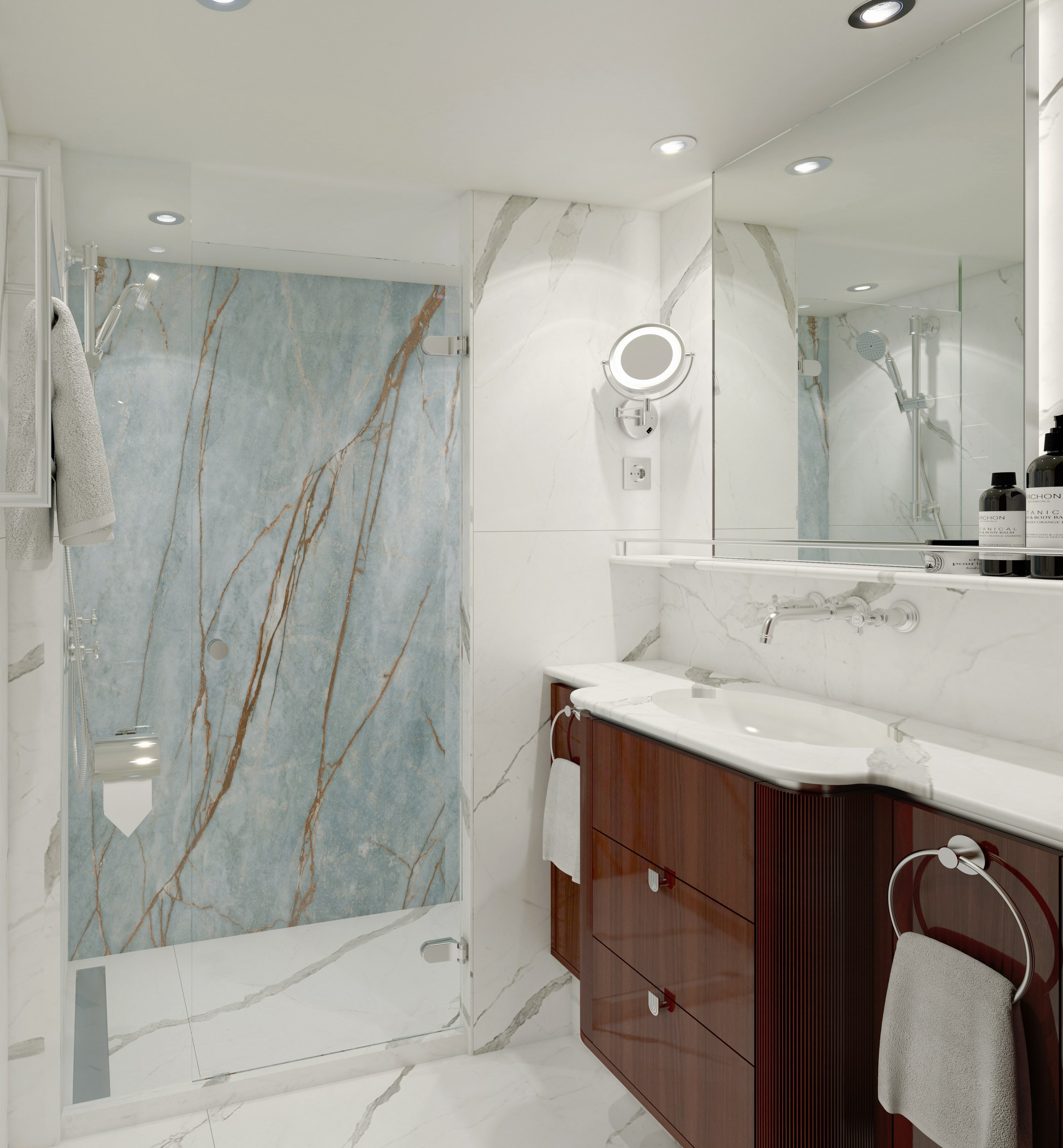 S.S. Marlene – French Balcony stateroom bathroom (rendering)