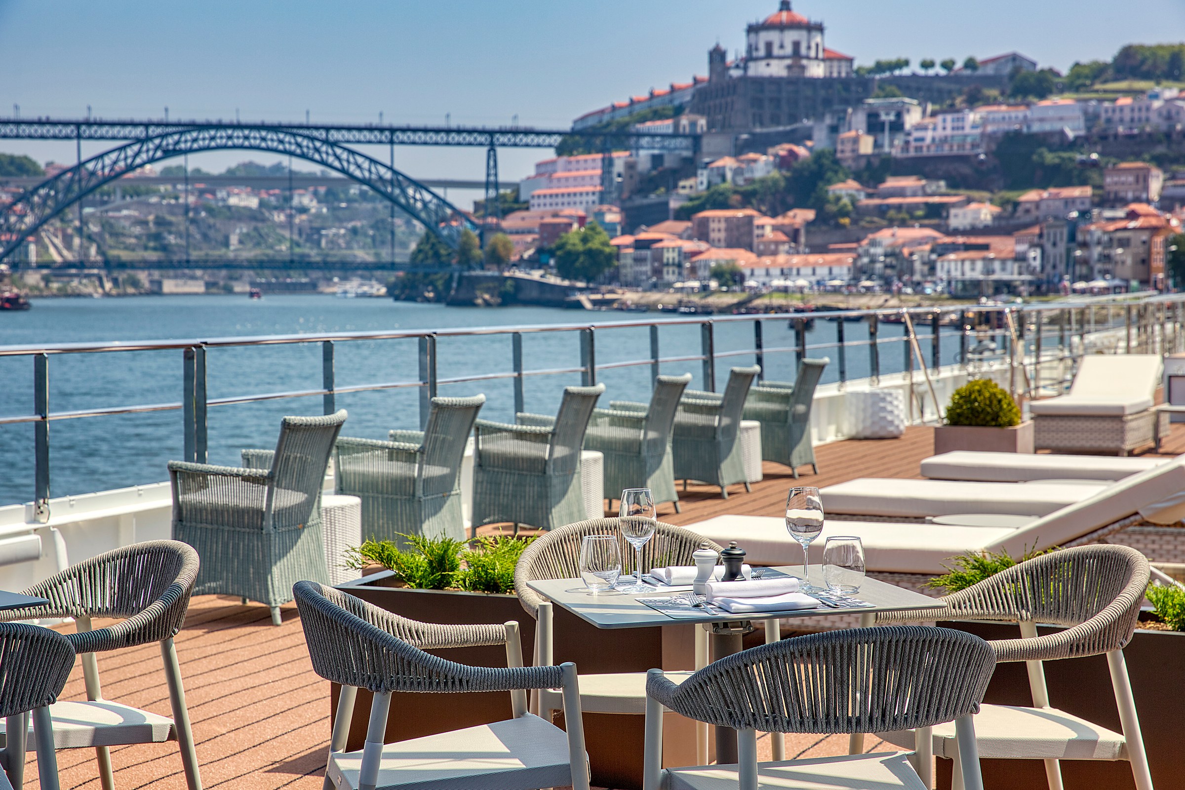S.S. São Gabriel – Sun Deck seating with Dom Luís I Bridge view