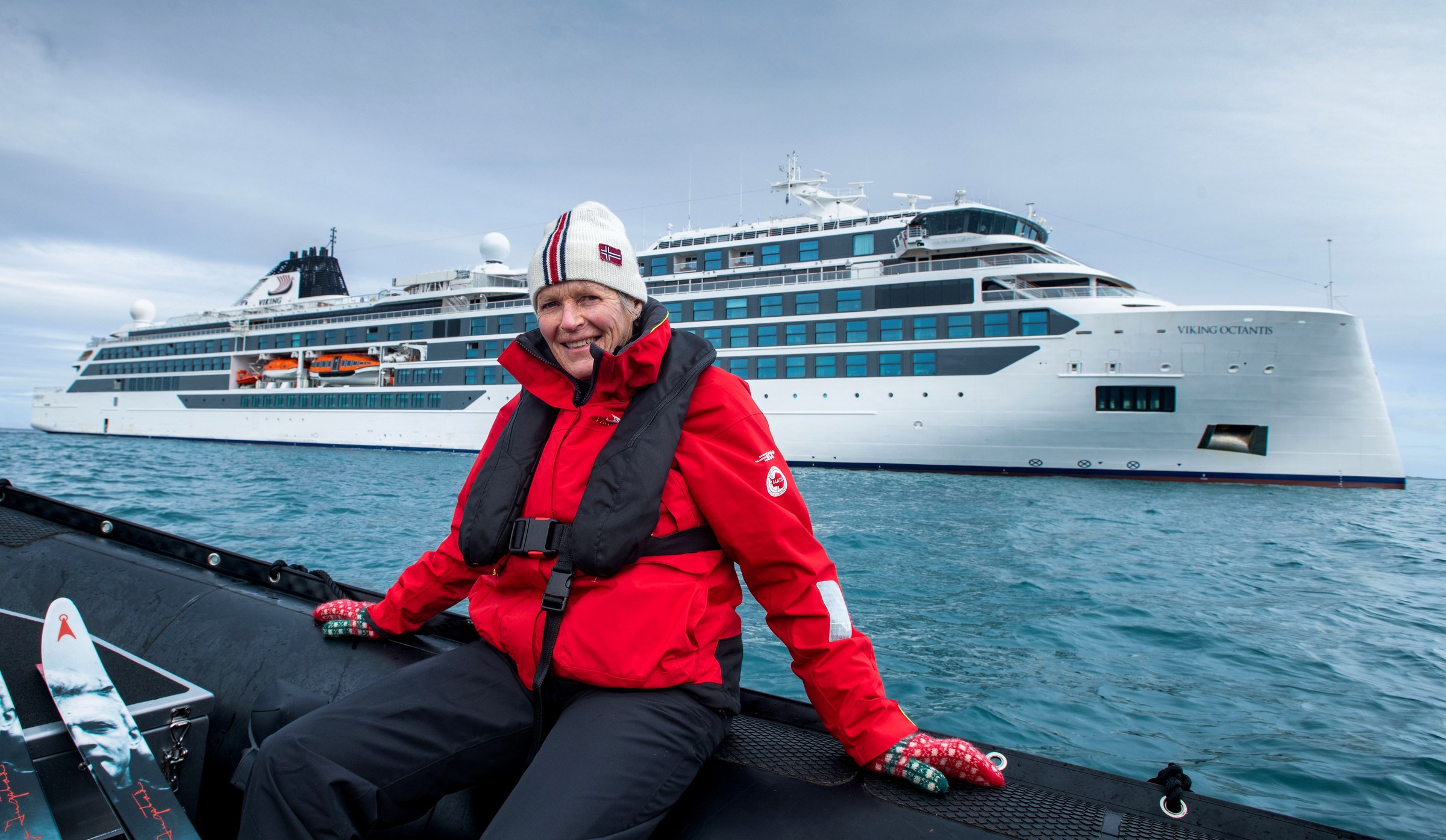 Explorer Liv Arnesen, godmother of Viking Octantis, on the ship deck in daylight